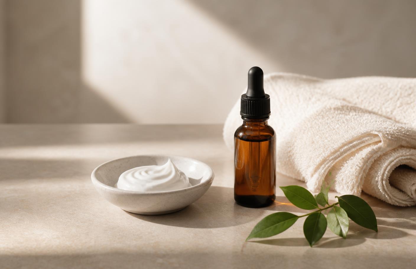Calm skincare routine with cream, towel and botanical sprig